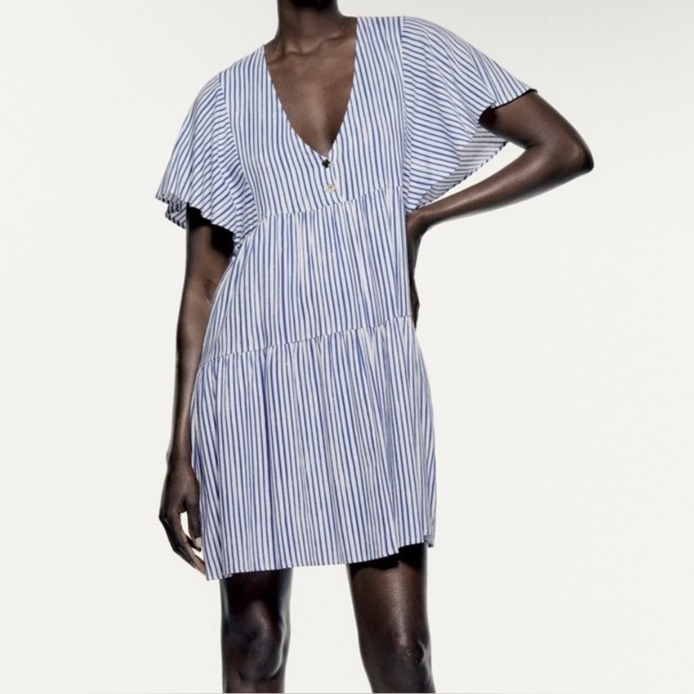 Zara lightweight linen blend blue striped dress